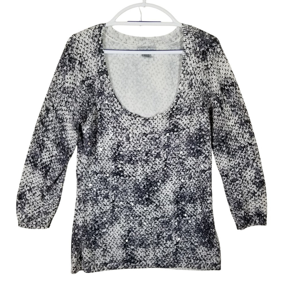 Alberto Makali Sequin Scoop Neck Knit Top Black White Animal Print Size L